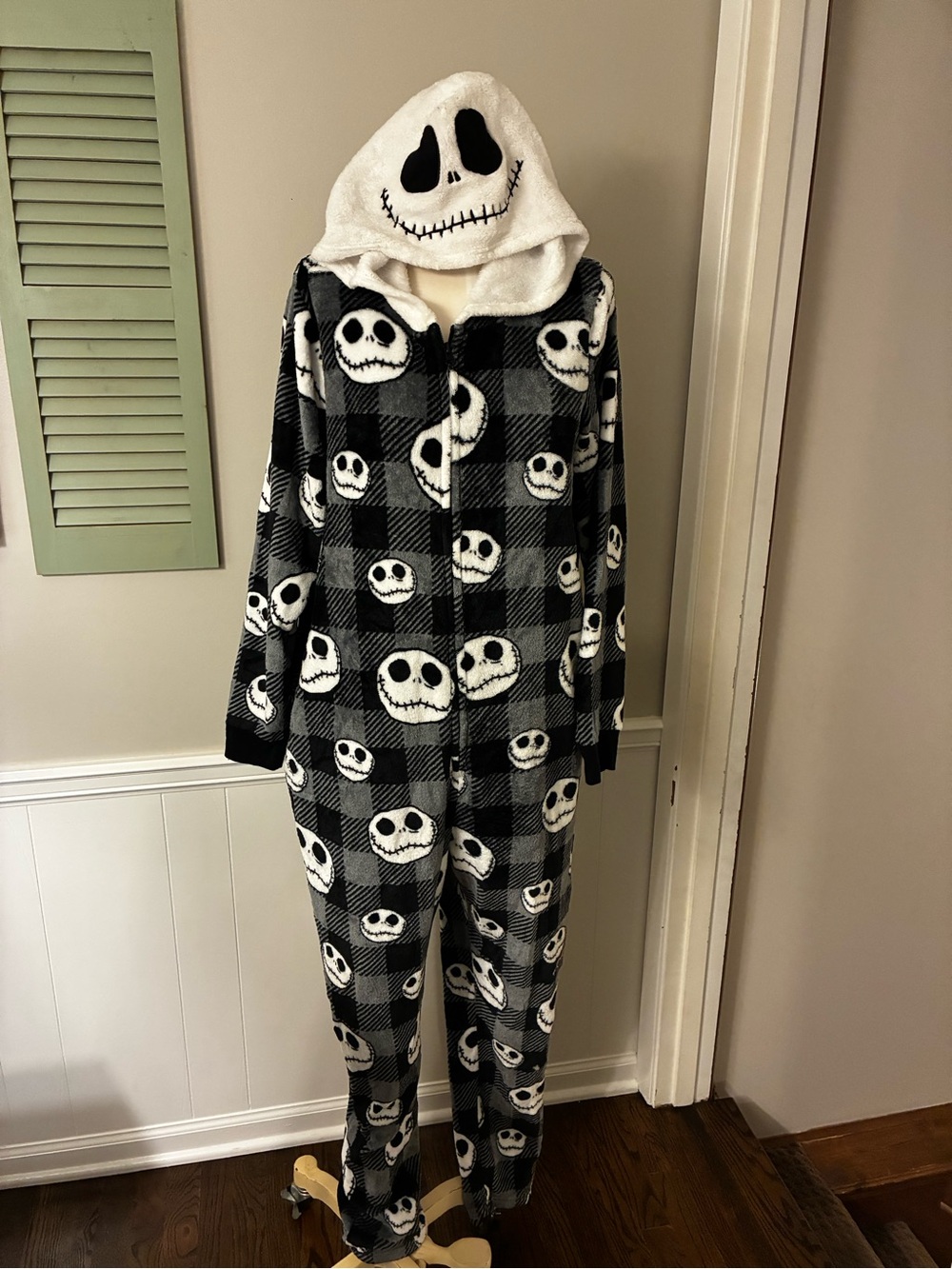 Women's Black & White Skull Plaid Hooded Nightmare Before Christmas Union Suit